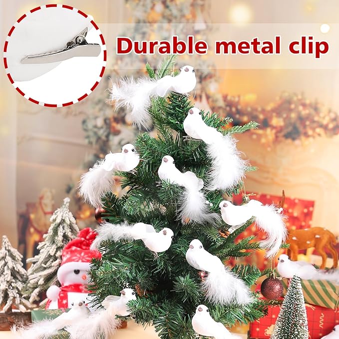 12 Pcs Artificial Christmas Dove Birds with Clip, White Feather Xmas Tree Ornaments Wreath Flower Arrangement Supplies for Party Wedding Decor DIY Craft Gifts