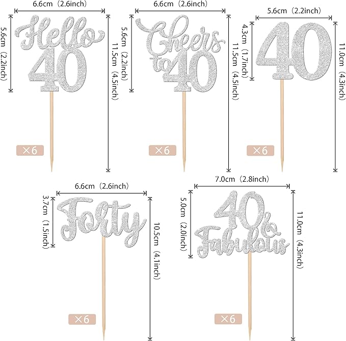 30PCS Happy 40th Birthday Cupcake Toppers Glitter Hello 40 Fabulous Forty Cheers to 40 Years Old Birthday Cupcake Picks for Happy 40th Birthday Anniversary Party Cake Decorations Supplies Silver