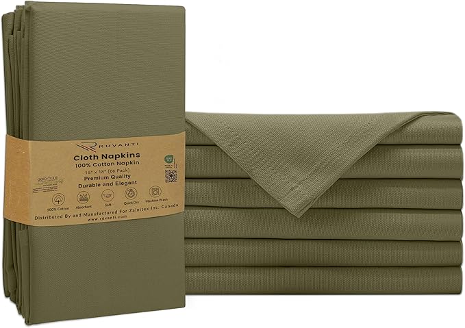 Ruvanti Premium Cloth Napkins Set of 6, 18x18 Inches, 100% Cotton, Washable, Soft & Absorbent, Perfect for Wedding, Christmas, ‎Thanksgiving Dinners - Capulet Olive
