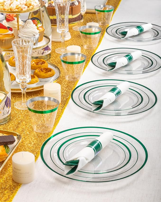 Goodluck 175 Piece Green Plastic Plates, Clear Plastic Silverware Disposable Plates Set, Include 50Plates, 25Pack Pre Rolled Napkins with Silverware, 25Cups for Party, Wedding, Graduation