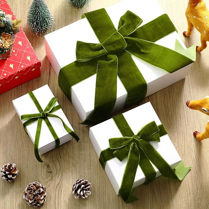 Yilloog 3/8'' 1'' 2'' 90 Yards Christmas Velvet Ribbon Vintage Satin Fabric Velvet Ribbon Roll for Christmas Tree Ornaments Decoration Gift Wrapping Bow DIY Crafts (Olive Green)