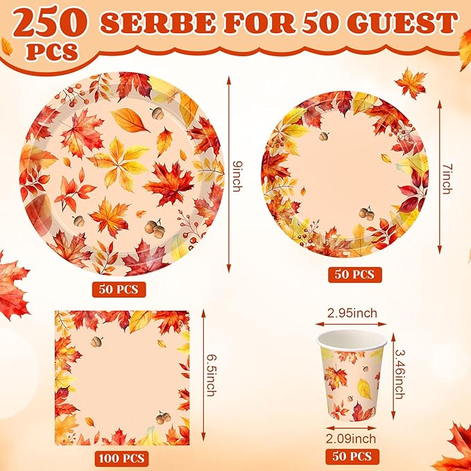 250 Pcs Fall Thanksgiving Party Decoration Colored Maple Fall Leaf Paper Plates Napkins and Cups Harvest Decorations Tableware Set for Autumn Leaves Theme Birthday Party Supplies, Serves 50