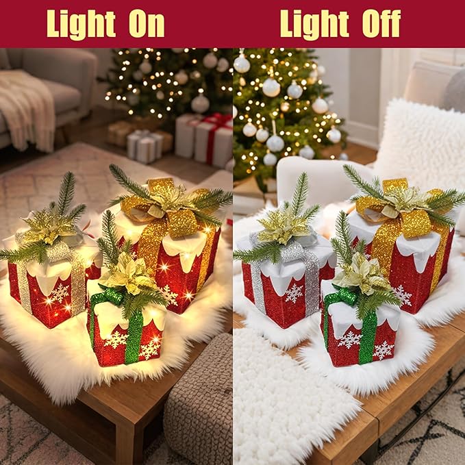 3 Pcs Christmas Lighted Gift Boxes with Bow 60 LED Battery Operated Pre-lit Present Box Decorations for Xmas Holiday Home Outdoor Yard