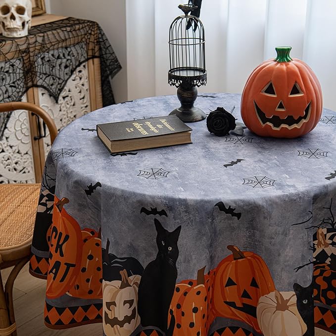 Halloween Waterproof Tablecloth – Spooky Pumpkin, Black Cat, Bat & Spider Web Design – Gray Holiday Table Cover for Party, Dining, and Home Decor, 60" Round