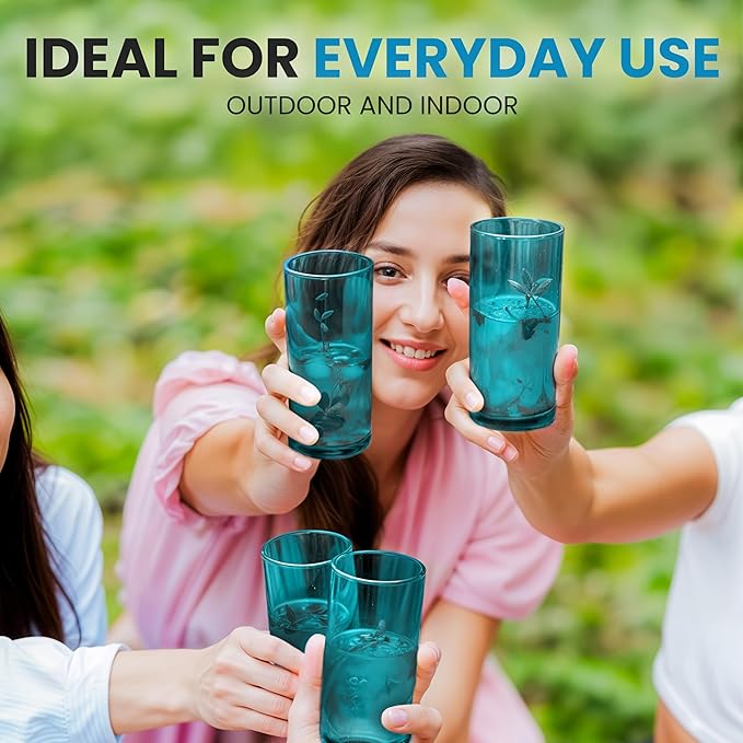 Zulay Kitchen Acrylic Glasses Drinkware - 6 Piece Unbreakable Plastic Tumblers - BPA-Free, Reusable Plastic Drinking Glasses for Home & Outdoors - Lead-Free & Dishwasher Safe - Turquoise - (16oz)