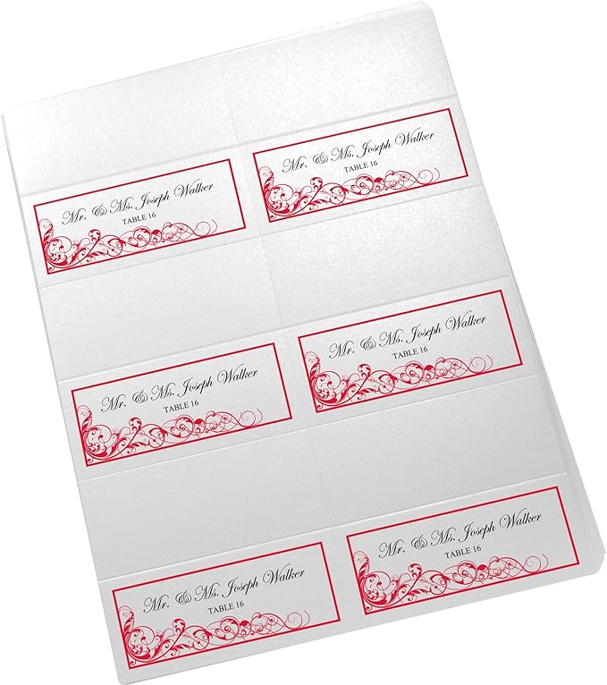Scribble Vintage Swirl Printable Place Cards, Ruby Red (Choose Color), Set of 60 (10 Sheets), Laser & Inkjet Printers - Wedding, Party, Dinner, and Special Events