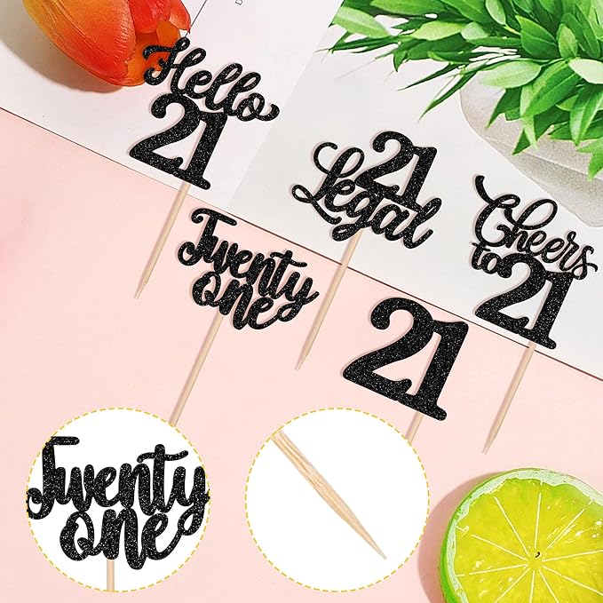 30PCS Happy 21st Birthday Cupcake Toppers Glitter Twenty One Legal 21 Hello 21 Cupcake Picks Cheers to 21 Birthday Decorations for 21st Birthday Anniversary Party Cake Decoration Supplies Black