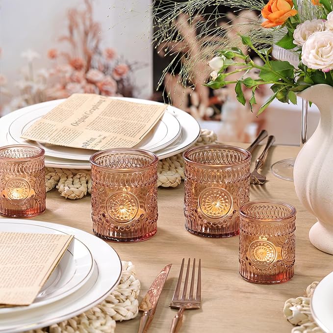 Volens 20pcs Assorted Amber Votive Candle Holders Bulk, Large Glass Votive & Tea Light Candle Holder for Wedding Table Centerpieces, Amber Party Decorations, and Home Decor