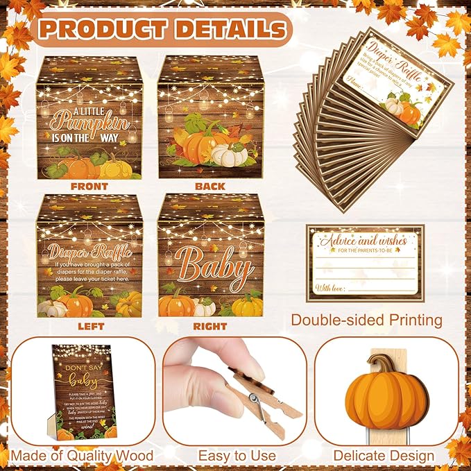 102 Pcs Fall Thanksgiving Baby Shower Game Supplies Diaper Raffle Tickets with Diaper Raffle Card Box Don't Say Baby Sign Mini Fall Pumpkin Clothespin Game Decor for Gender Reveal Favor