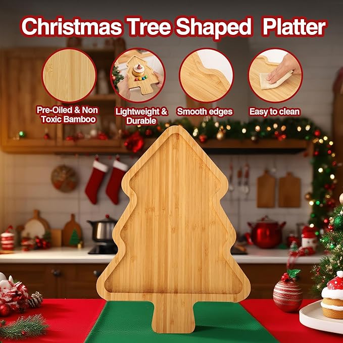 Christmas Serving Tray, Christmas Tree Charcuterie Board, Bamboo Serving Platter Dish for Holiday Party Food Tray for Cheese Snack Fruit 12 x 8.7 x 0.6 Inches