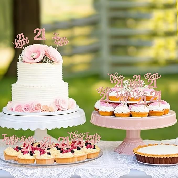 30PCS Happy 21st Birthday Cupcake Toppers Glitter Twenty One Legal 21 Hello 21 Cupcake Picks Cheers to 21 Birthday Decorations for 21st Birthday Anniversary Party Cake Decoration Supplies Rose Gold