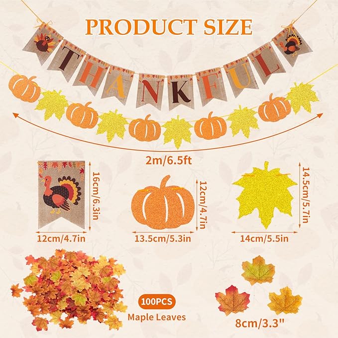 Fall Party Decorations, with Pre-Strung Thankful Burlap Banner and 100 Pcs Maple Leaf Confetti for Autumn Thanksgiving Home Decorations