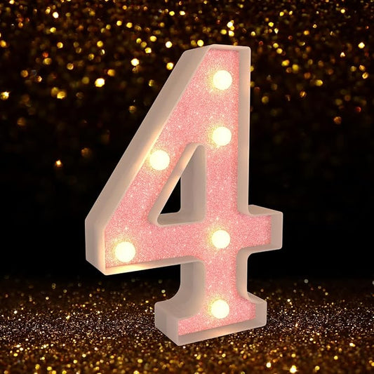 Marquee Light up Numbers 0-9, Battery Powered LED Light, Pink Glitter Plastic Sign, Night Light Decor for Graduation, Engagement, Wedding, Baby Shower, Birthday (Number 4)