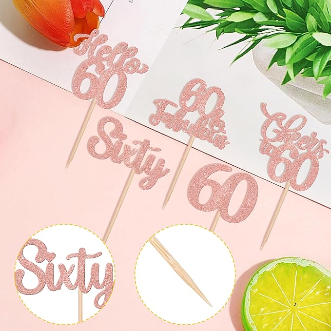 30PCS Happy 60th Birthday Cupcake Toppers Glitter Hello 60 Fabulous Sixty Cheers to 60 Years Old Birthday Cupcake Picks for Happy 60th Birthday Anniversary Party Cake Decorations Supplies Rose Gold