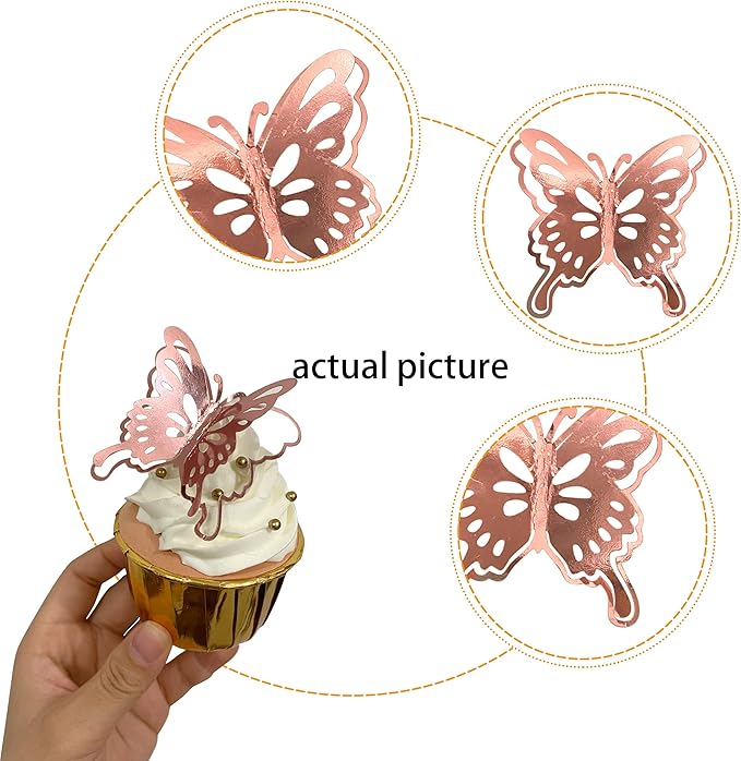 40 PCS Rose Gold Lively 3D Butterfly Cupcake Toppers Hollow Art Butterfly Cake Topper Decorations for Baby Shower Wedding Anniversary Kids Birthday Party Supplies Mixed Size
