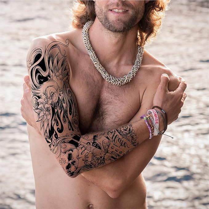 Pirate Skull Temporary Tattoo Sleeves for Men, 4-Sheet Full Arm Large Flower Skeleton Octopus Fake Tattoo Sleeve Adult Women and 4-Sheet Black 3D Anchor Clock Eye Half Temp Tatoo Sticker Leg Body Art