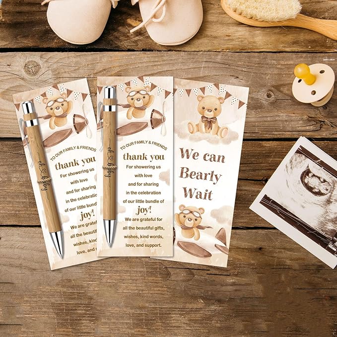 Toerifer Baby Shower Favors for 30 Guests, Baby Shower Set Gift Included 30 Pcs Bamboo Pens 30 Pcs Greeting Cards, Gender Reveal Souvenirs Prizes, Brown Bear We Can Bearly Wait Decor