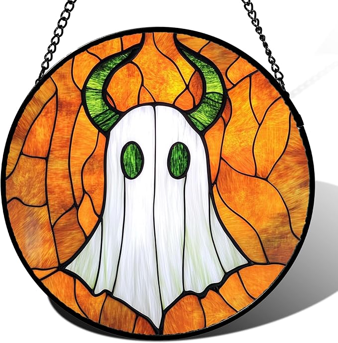Stained Glass Window Hanging - Halloween Decoration Fantasy Green Horned Ghost Suncatcher for Door Garden Spooky Sun Catchers Gothic Decor Horror Gifts for Women Men Friend Boy Girl 11.8 in