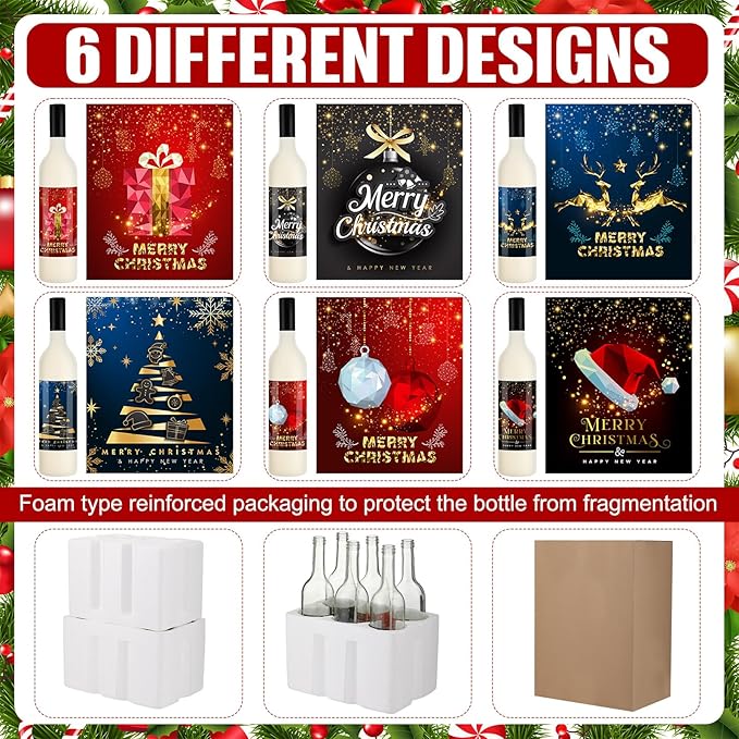 6 Set Coquito Bottles 25 Oz Christmas Glass wine Bottles Brewing Bottles for Homemade Coquito with Christmas Wine Bottle Stickers Airtight Caps for Home Party Milk Eggnog Kefir