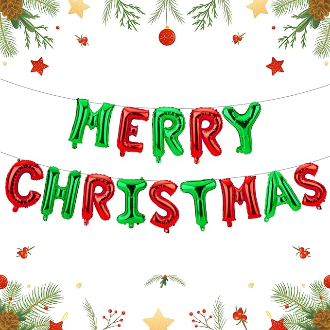 16 Inch Merry Christmas Balloons 14 PCS Red and Green Balloons Banner Xmas Letter Aluminum Mylar Foil Balloon Decorations Backdrop for Holiday Hanging Party Favors Supplies Theme Indoor Outdoor