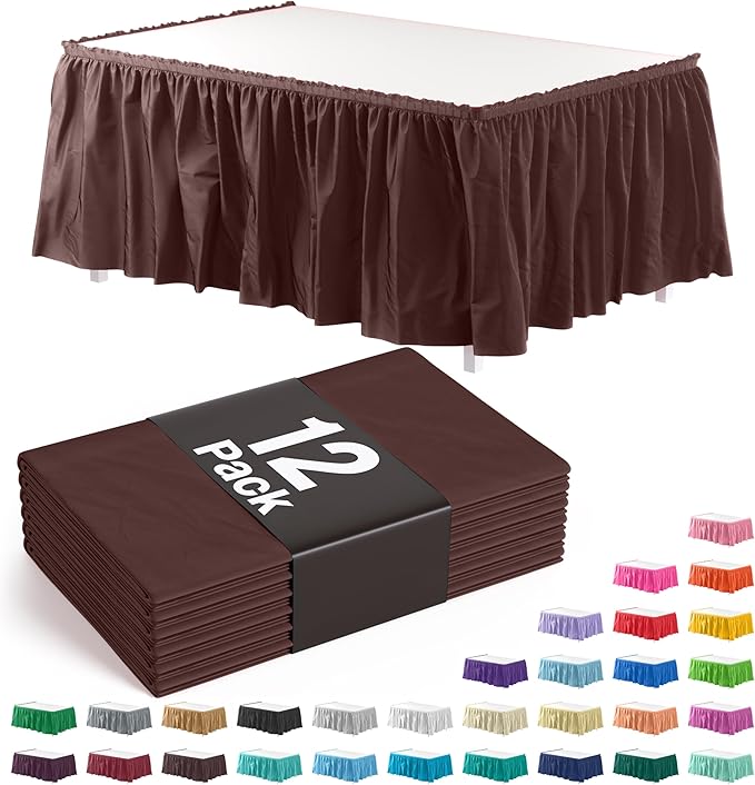 Exquisite Ruffle Table Skirt Brown 12 Pack 14 Ft Long Table Skirts for Rectangle Tables 6ft Plus or Round Tables Skirts with Adhesive Strip for Gender Reveal Decor & Happy Birthday Parties