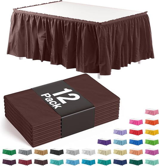 Exquisite Ruffle Table Skirt Brown 12 Pack 14 Ft Long Table Skirts for Rectangle Tables 6ft Plus or Round Tables Skirts with Adhesive Strip for Gender Reveal Decor & Happy Birthday Parties