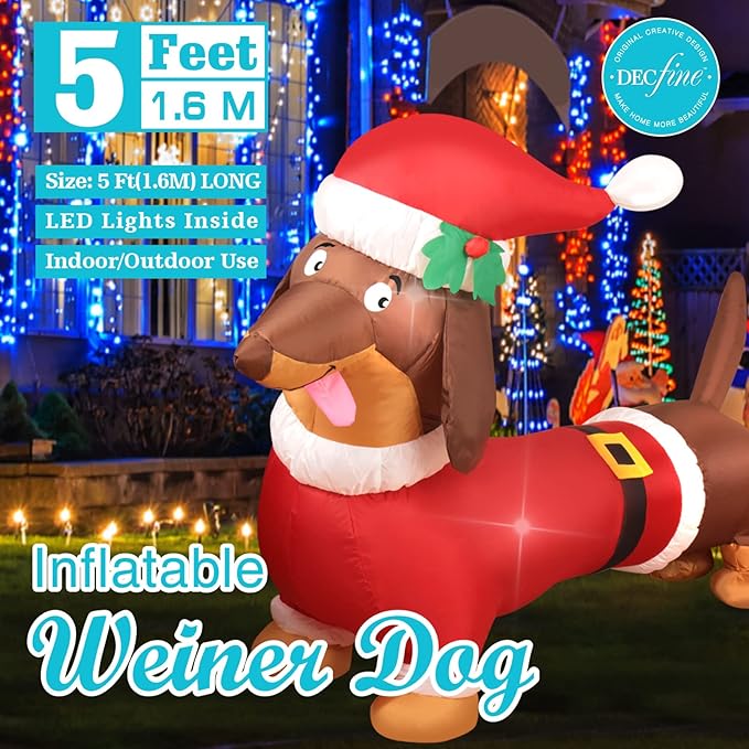 Christmas Inflatable Snowman/Nutcracker/Santa Claus Lighted Blow Up Christmas Yard Decoration with Built in Fan and Anchor Ropes (Weiner Dog)