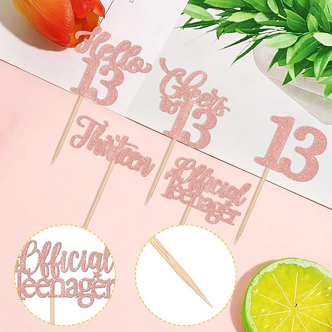 30PCS Happy 13th Birthday Cupcake Toppers Glitter Thirteen Official Teenager Hello 13 Cupcake Picks Cheers to 13 Birthday Decorations for 13th Birthday Anniversary Party Cake Decor Supplies Rose Gold