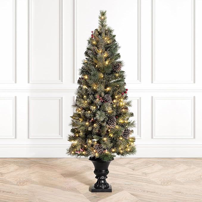 Glitzhome 5ft Prelit Christmas Tree Set of 2, Artificial Flocked Christmas Porch Tree with Lights, 372 PVC & Pine Needle Tips, Red Berries&Pine Cones, Potted Christmas Tree for Enrance Porch Decor