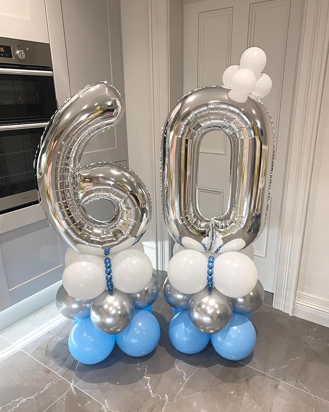40 Inch Silver 60 Number Balloons Giant Jumbo Huge 60 Foil Mylar Helium Number Digital Balloons Silver Birthday Mylar Digital Balloons 60 Birthday Party 60th Anniversary Events Party Decorations