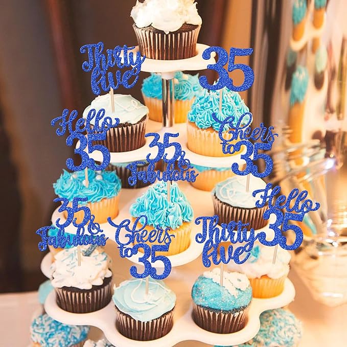 30PCS Happy 35th Birthday Cupcake Toppers Glitter Hello 35 Fabulous Thirty Five Cheers to 35 Years Old Birthday Cupcake Picks for Happy 35th Birthday Anniversary Party Cake Decor Supplies Blue
