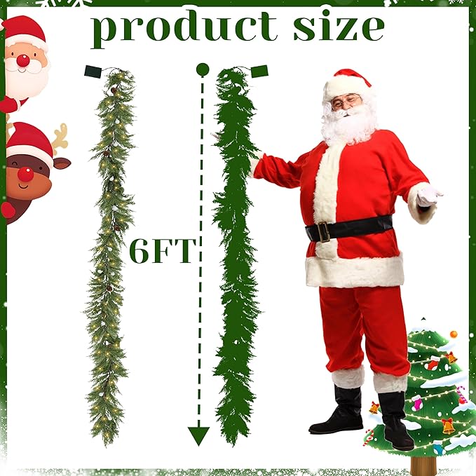 Prelit Pine Garland Realistic with Timer, 6FT Faux Christmas Garlands Battery Operated,Winter Garland for Xmas Holiday Outdoor Indoor