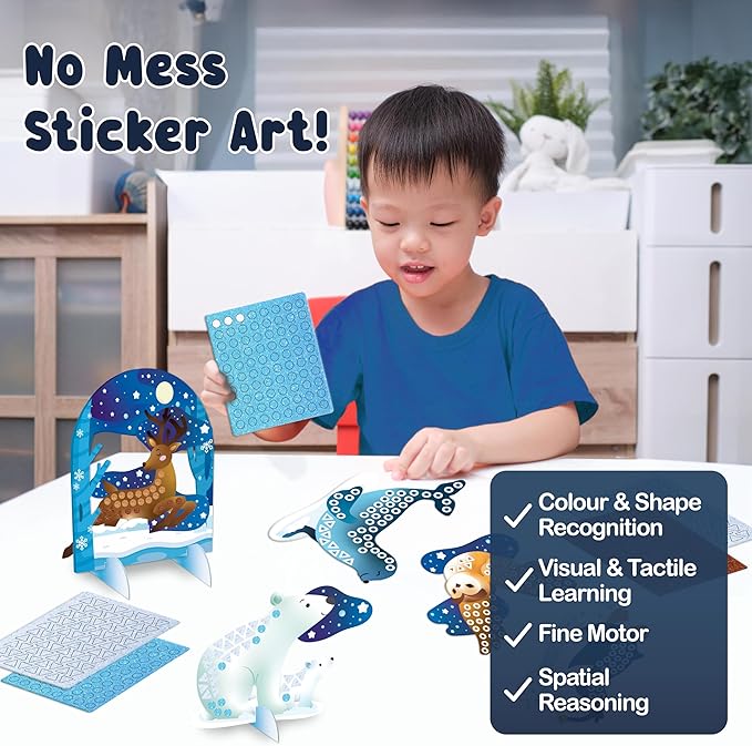 BINCA Foam Sticker Mosaic Art Activity, 750+ 3D Glitter Foam Stickers, 5 Winter Animals with Display Arch, Christmas Stocking Stuffers, DIY Mess-Free Activities, Gifts for Boys & Girls Ages 5,6,7,8