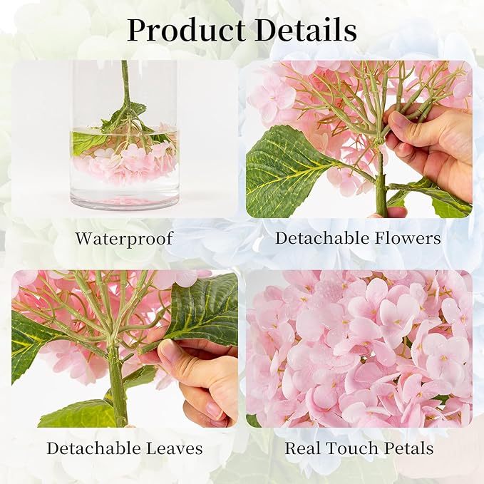 BonBloom's 3 Pcs Pink Hydrangea Artificial Flowers,21" Latex Hydrangeas with Stems,Fake Real Touch Flowers for Wedding Table Centerpieces Floral Arrangement Home Decor