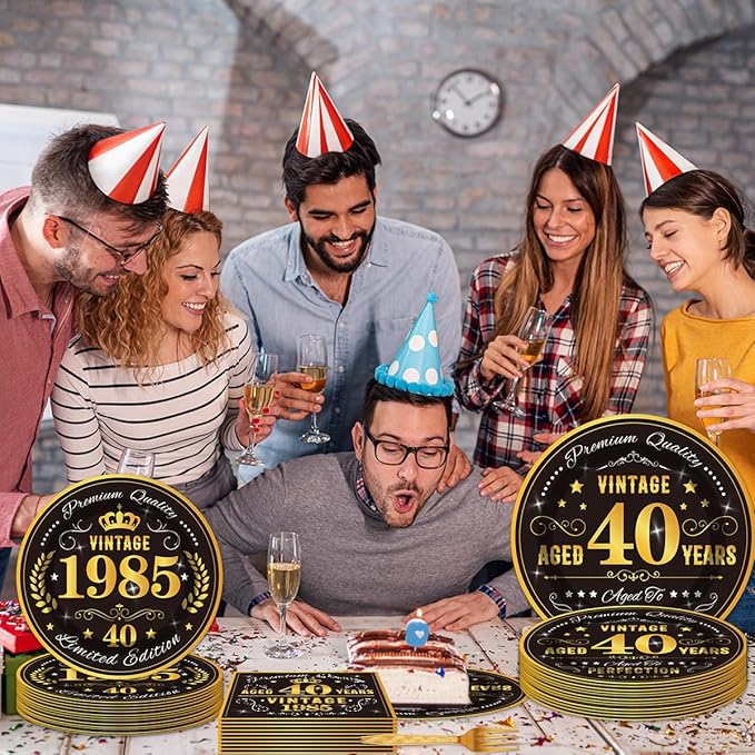 96PCS 40th Birthday Plates and Napkins Party Supplies 40th Birthday Decorations for Men 40th Anniversary Decorations Vintage 1985 Birthday Party Tableware Sets Serve 24 Guests