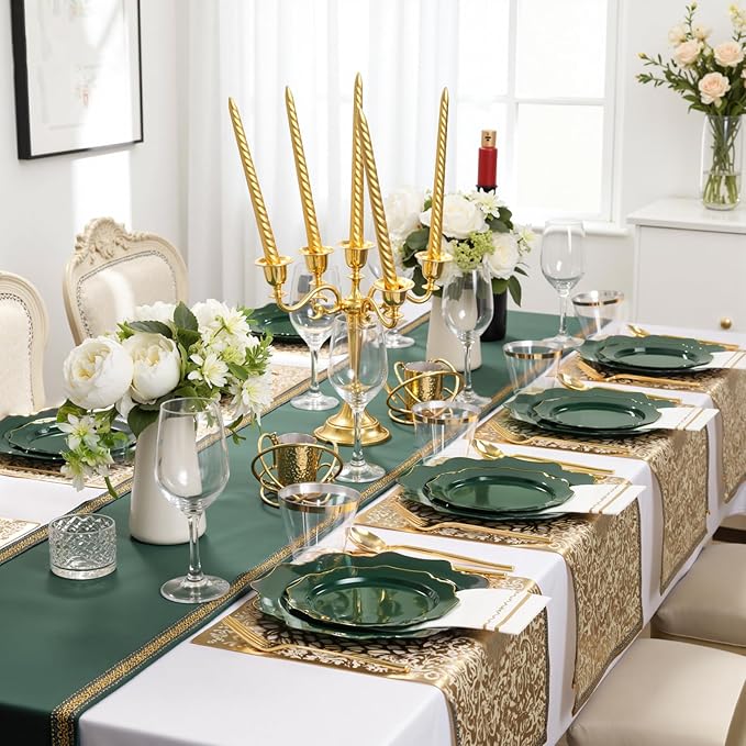 WDF 175Pcs Green Plastic Plates - Green Plates Disposable with Gold Rim - Christmas Plastic Plate - Fancy Disposable Dinnerware Sets 25 Guests Ideal for Christmas/Party/Wedding