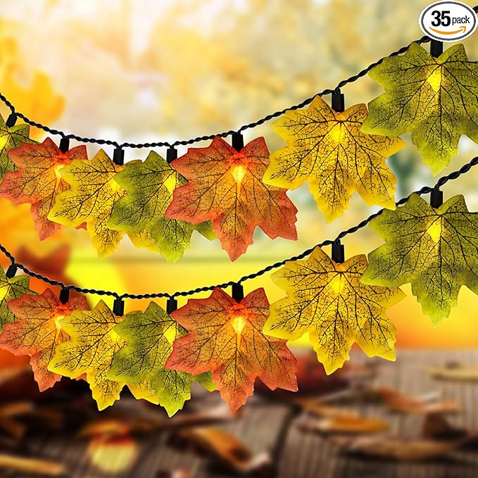 Fall Tricolor Autumn Maple Leaves Decoration Lights, 13.5FT Plug in Orange Yellow Green Maple Leaf String Lights with 35 LED Mini Bulbs for Thanksgiving Day Home Party Decor