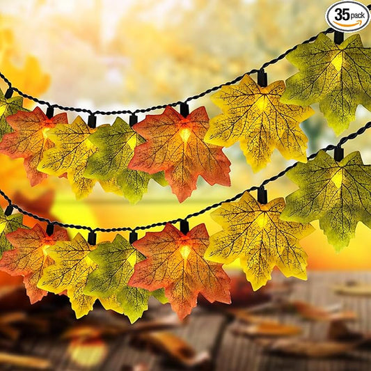 Fall Tricolor Autumn Maple Leaves Decoration Lights, 13.5FT Plug in Orange Yellow Green Maple Leaf String Lights with 35 LED Mini Bulbs for Thanksgiving Day Home Party Decor
