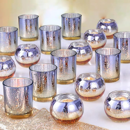 Volens 30pcs Assorted Purple Votive Candle Holders Bulk, Large Mercury Glass Votive for Wedding Table Centerpieces, Purple and Gold Themed Party Decorations and Home Decor