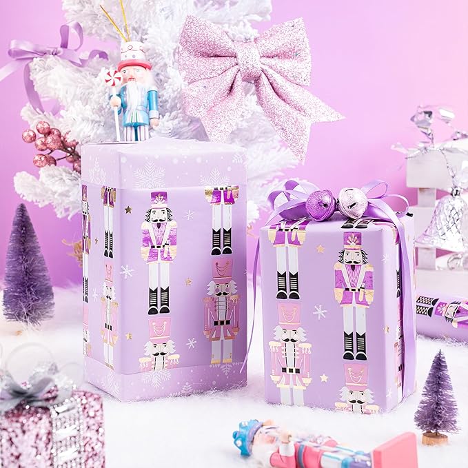 RUSPEPA Christmas Reversible Wrapping Paper Roll for Kids Girls, Mini Roll, Gold Foil Purple Nutcracker Soldier and Snowflakes Design, Ideal for Holiday Gifts, Christmas, 17 Inches x 32.8 Feet