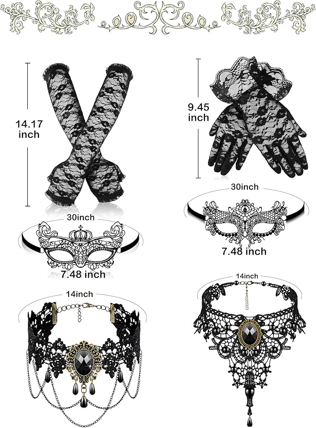 Newcotte 6 Pcs Masquerade Mask for Women Lace Mask Choker Necklace Glove for Christmas Halloween Venetian Party 80s 90s