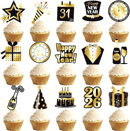 48Pcs New Years Eve Party Cupcake Toppers Happy New Year Countdown Clock Theme Cupcake Toppers for Hello 2026 Party Decorations Midnight Countdown Events Supplies