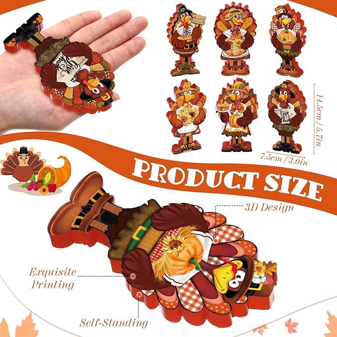 6 Pcs Thanksgiving Turkey Decorations Wooden Turkey Table Centerpieces Fall Tiered Tray Decor Thanksgiving Standing Wooden Block Signs for Home Kitchen Tabletop Shelf Autumn Harvest Party