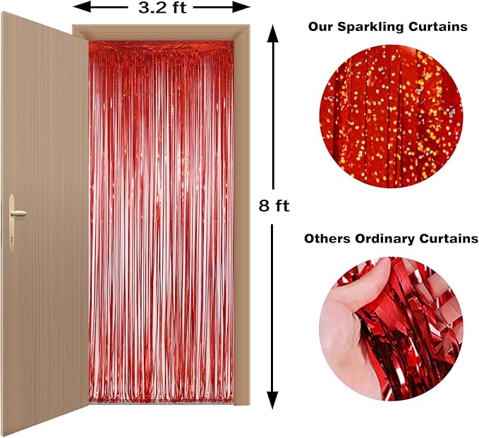 Melsan 2 Pack Red Tinsel Foil Fringe Curtains Backdrop, Sparkle Tinsel Backdrop Streamers for Christmas Valentines Veterans Birthday Party Decorations
