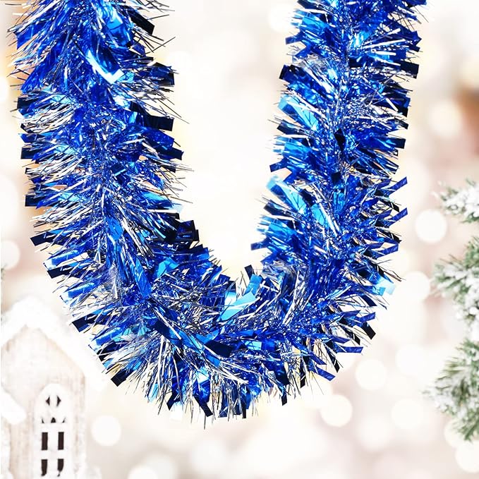 Dilunave 40 Feet Christmas Tinsel Garland Metallic Foil Twist Tinsel Garland Decoration for Christmas Tree, Wedding, Birthday and Party Hanging Decorations(Silver, Light Blue)