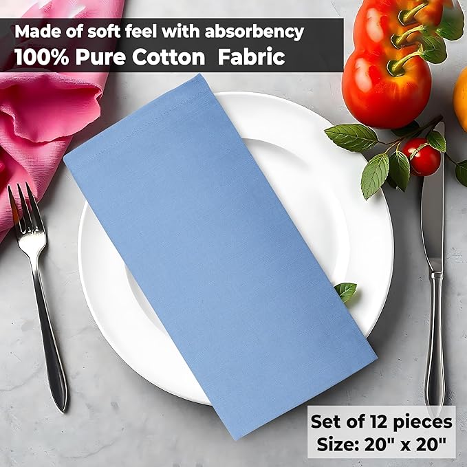 Urban Villa Ice BlueNapkins Solid Set of 12 Cloth Dinner Napkins Size 20x20 Inches Cloth Napkins 100% Cotton with Mitered Corners Ultra Soft DinnerNapkins