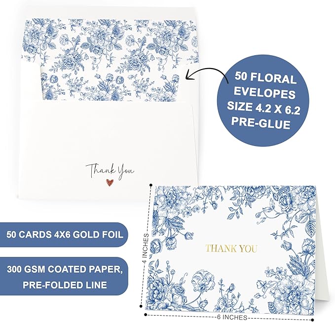 AUDREE 50 Gold Foil Thank You Cards with Envelopes (4x6) - Elegant Blue Floral Thank You Cards with Matching Adhesive Envelopes - Perfect for Wedding, Bridal Showers, Baby Showers, All Occasion