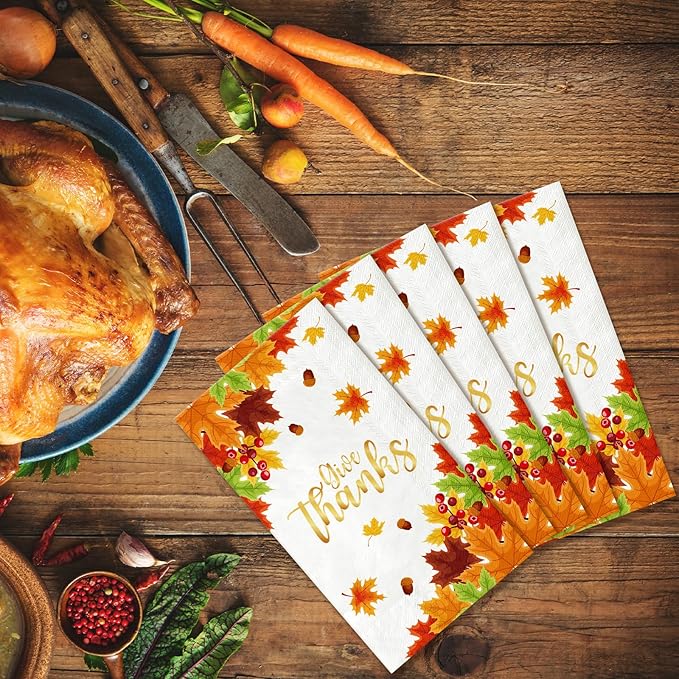 100Pcs Thanksgiving Napkins 3-Ply Disposable Fall Guest Paper Napkins for Thanksgiving Harvest Holiday Party,Give Thanks Autumn Maple Leaves Hand Paper Towels for Bathroom Kitchen Dinner Home Supplies