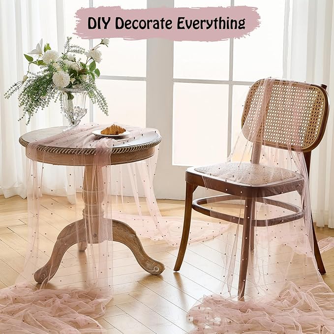 Fanami 6 Pack Pearl Table Runner -10FT Dusty Pink Boho Tulle Table Runners 120 Inches Long Rustic Sheer Lace Fabric Centerpieces for Wedding Arch Birthday Party Bridal Veil Baby Shower Decorations