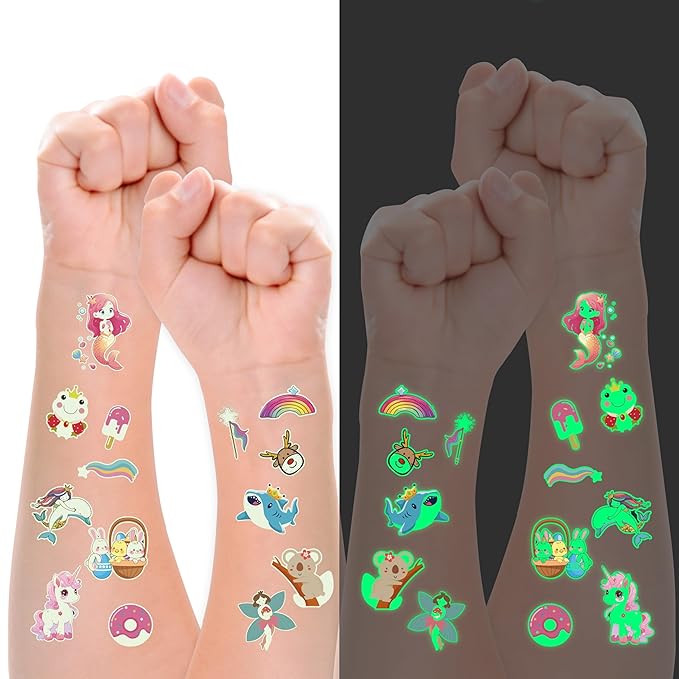 380 Styles (30 Sheets) Luminous Tattoos for Kids, Mixed Styles Temporary Tattoos Stickers with Mermaid/Dinosaur/Space/Unicorn for Boys and Girls, Glow Party Supplies Birthday Gifts